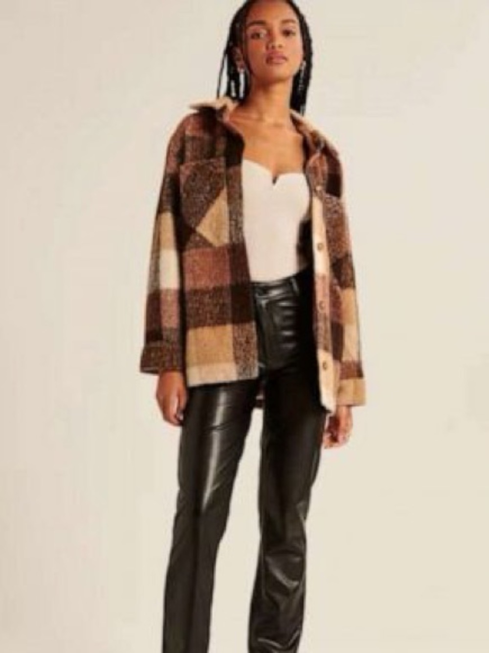 Abercrombie & Fitch Brown and Cream Plaid Wool Blend Shacket